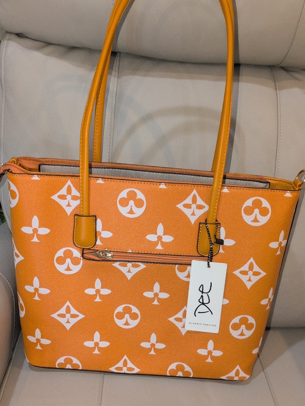 Orange Patterned Fashion Tote By Classic Fashion - Vegan - NWT
